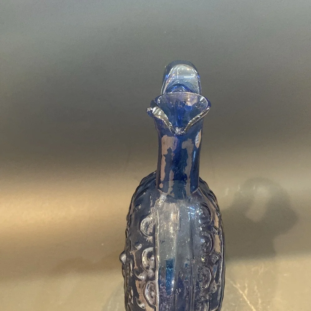 Vintage Hand Blown Cobalt Blue Raised Design Pitcher Vase Handled Jug 9.5